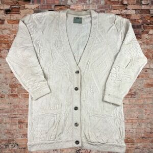 Vintage Coogi Australia Sweater Men's Medium Textured Knit Cardigan Cream Chunky